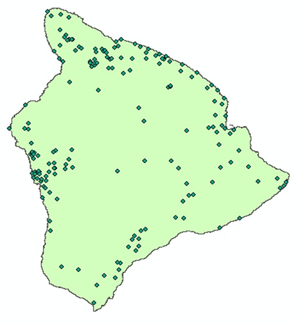 Raingage stations on the island of Hawaiʻi that reported data in 1980
